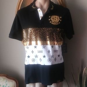 NWT SWITCH men Gold Foil Skater Polo Shirt. Medium